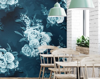 Blue Vintage Roses Wallpaper | Self Adhesive Wallpaper, Removable Wallpaper, Temporary Wallpaper, Peel and Stick Wallpaper #271