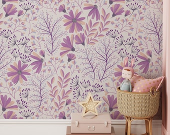 Soft Purple Flowers Wallpaper, Floral Wall Art, Purple Wallpaper, Home Decor, Vinyl Wallpaper, Peel and Stick, Removable Wallpaper #578
