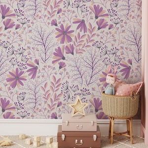 Carta da parati con fiori viola, arte murale floreale, carta da parati viola, arredamento per la casa, carta da parati in vinile, staccabile e attaccabile, carta da parati rimovibile #578