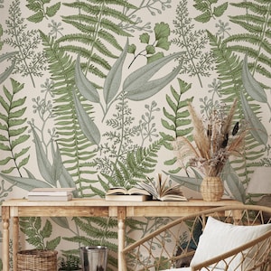 Removable Wallpaper, Green Ferns Wallpaper, Nature on Beige Background, Peel and Stick Wallpaper, Wall Mural, Wall Decor, Wall Art #209