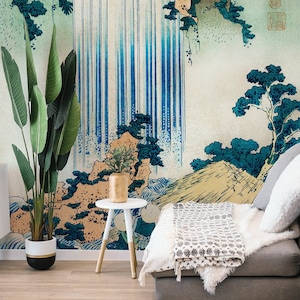 Watercolor Waterfall Landscape Wallpaper | Self Adhesive Wallpaper, Removable Wallpaper, Temporary Wallpaper, Peel and Stick Wallpaper #550