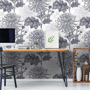 Gray Chrysanthemum Wallpaper | Self Adhesive Wallpaper, Removable Wallpaper, Temporary Wallpaper, Peel and Stick Wallpaper #295