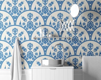 Traditional Blue Pattern, Folk Pattern Wallpaper, Blue Wallpaper, Bright Wall Art, Removable Wallpaper, Peel and Stick Wallpaper #1137