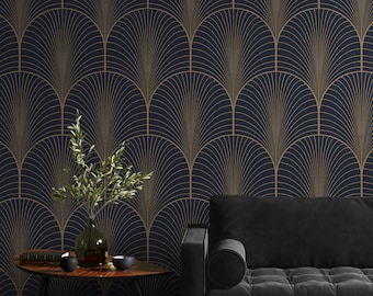 Art Deco Wallpaper, Removable Wallpaper, Peel and Stick Wallpaper, Dark Room Decor, Home Decor Wallpaper, Dark Blue Pattern, Wall Art #886