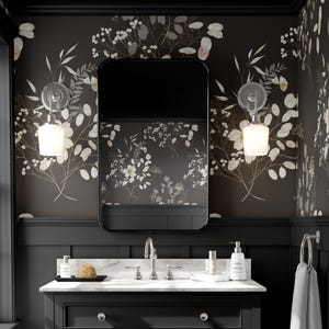 Decorazione murale floreale con bouquet nero, carta da parati nera rimovibile, carta da parati floreale bianca con fiori da giardino acquerellati, arte murale malinconica #1850