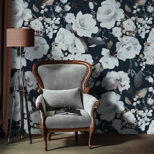 White Garden Flowers Wallpaper, Peony Wallpaper, Dark Blue Wallpaper, Removable Wallpaper, Peel and Stick Wallpaper, Vintage Flower #1021