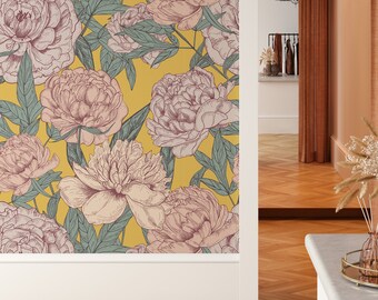 Peony Wallpaper, Removable Wallpaper, Peel and Stick Or Traditional Wallpaper, Peonies, Floral Wall Art, Flower, Watercolor Wall Art #158