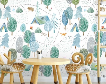 Forest Campside Kids Wallpaper | Self Adhesive Wallpaper, Removable Wallpaper, Temporary Wallpaper, Peel and Stick Wallpaper #206