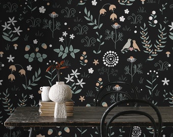 Removable Wallpaper, Peel and Stick Wallpaper, Floral Wall Art, Floral Wall Decor, Dark Decor, Vintage Flowers, Vinyl Wallpaper #985