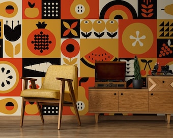 Retro Fruits Pattern Wallpaper | Self Adhesive Wallpaper, Removable Wallpaper, Temporary Wallpaper, Peel and Stick Wallpaper #1196