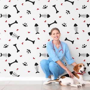Black and White Animal Symbols Wallpaper, Cat and Dog, Vet Wall Art, Industrial Wallpaper, Peel and Stick Decor, Removable Wallpaper #1170