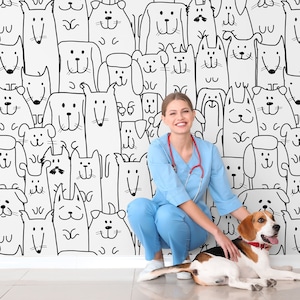Schwarzweiße Tapete, Hund und Katze, Skizzenhafte Tapete, Retro Tapete, Retro Schälen und Aufkleben Dekor, Abnehmbares Papier #1168