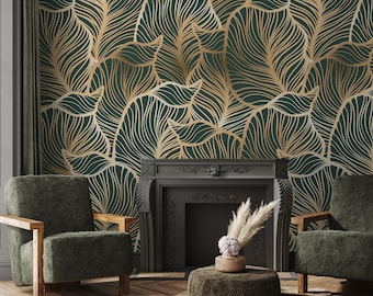 Peel and Stick Wallpaper, Green Leaves Wallpaper, Glamour Wall Mural, Removable Wallpaper, Dark Green Pattern, Botanical Wall Art #581