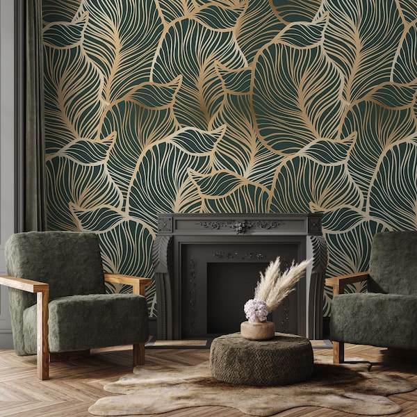 Peel and Stick Wallpaper, Green Leaves Wallpaper, Glamour Wall Mural, Removable Wallpaper, Dark Green Pattern, Botanical Wall Art #581