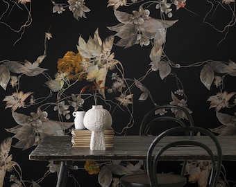 Humeurig bloemenbehang, zwart behang, bloemenkunst aan de muur, bloemenbehang, Peel-and-Stick-behang, donker huisdecor, vintage kunst #1406
