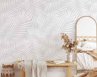 Papel tapiz de hojas de palma blancas, papel tapiz gris, arte mural monocromático, papel tapiz retro, decoración de pared vintage, papel tapiz autoadhesivo n.° 1682
