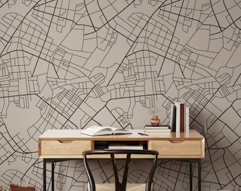 Beige Street Map Wallpaper, City Plan Wall Mural, Geographical Wall Mural, Peel and Stick Wallpaper, Removable Wallpaper, Topographic #585