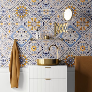 Blue Floral Tiles Wallpaper, Floral Wall Art, Blue Wallpaper, Bathroom Wall Decor, Removable Peel and Stick Wallpaper, Home Decor #1319