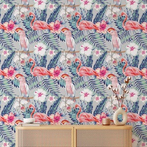 Exotic parrots and pink flamingos wallpaper, vinyl wall art, watercolor birds wallpaper, removable wallpaper, exotic jungle #144