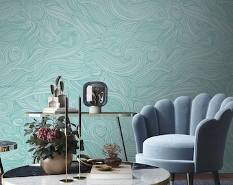 Removable Wallpaper Turquoise Tangle Wave, Self Adhesive Vinyl Wallpaper, Abstract Print, Peel and Stick Wallpaper, Blue Wallpaper #657