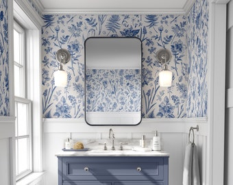 Blaue ländliche Tapete, Blumenwandkunst, Badezimmer Tapete, Blaue Tapete, Blaue Tapete, Blaue Tapete #1691