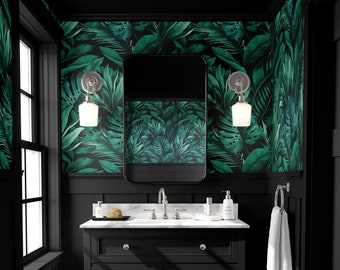 May include: A black bathroom vanity with a white marble countertop and a large mirror above the sink. The walls are covered in a dark green tropical leaf wallpaper.