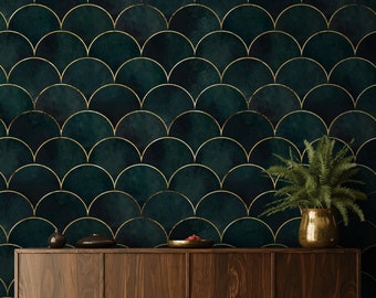 Green Mermaid Fish Wallpaper, Gold Color Wall Art, Luxury Room Decor, Removable Wallpaper, Peel and Stick Wallpaper, Vinyl Wallpaper #544