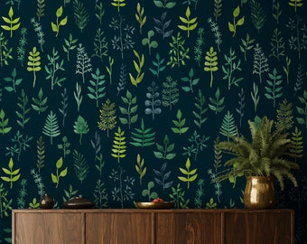 Watercolor Green Herbs, Removable Wallpaper, Forest Wallpaper, Herb Print, Custom Wallpaper, Peel and Stick Wallpaper, Retro Room Decor #152