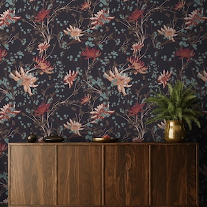 Red Flowers Wallpaper, Floral Wall Art, Dark Botanical Wallpaper, Black Wallpaper, Red Big Flowers, Green Leaves, Wallpaper Roll, Decor #829