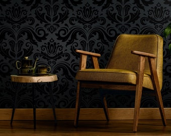 Art Deco Dark Damask Wallpaper, Damask Wall Art, Removable Wallpaper, Luxury Black Wallpaper, Dark Wallpaper, Peel and Stick Wallpaper #318
