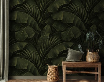 Tropical Banana Leaves Wallpaper, Peel and Stick Wallpaper, Dark Botanical, Exotic Print, Big Leaves, Home Decor, Removable Wallpaper #1009