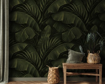 Tropical Banana Leaves Wallpaper, Peel and Stick Wallpaper, Dark Botanical, Exotic Print, Big Leaves, Home Decor, Removable Wallpaper #1009