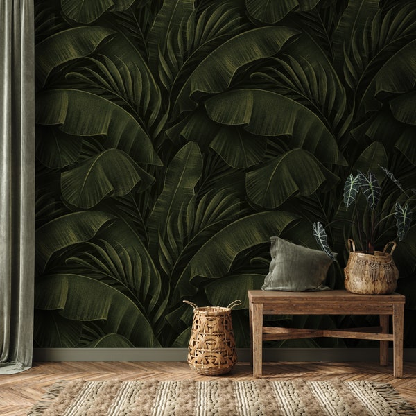Tropical Banana Leaves Wallpaper, Peel and Stick Wallpaper, Dark Botanical, Exotic Print, Big Leaves, Home Decor, Removable Wallpaper #1009