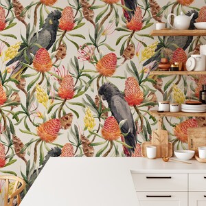 Black Parrots Wallpaper, Birds Peel and Stick Wallpaper, Removable Tropical Wallpaper, Exotic Wallpaper, Watercolor Pattern, Home Decor #839
