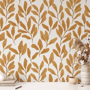 Pastel Leaves Wall Art, Autumn Wallpaper, Nature Wall Decor, Peel and Stick Wallpaper, Removable Vinyl Wallpaper, Bright Home Decor #1208