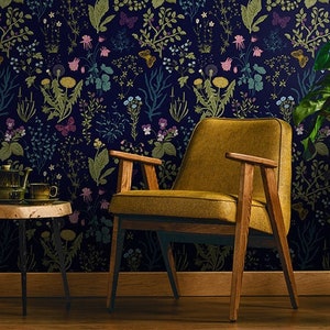 Vintage Dark Herbs Wallpaper, Removable Wallpaper, Temporary Wallpaper, Peel and Stick Wallpaper, Floral Wall Art, Whimsical Wall Mural #184