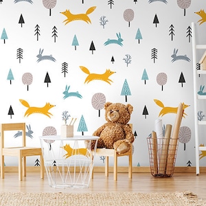 Fox in a Forest Kids Wallpaper | Self Adhesive Wallpaper, Removable Wallpaper, Temporary Wallpaper, Peel and Stick Wallpaper #182