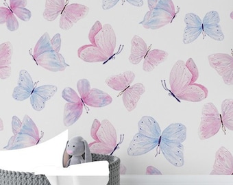 Removable Wallpaper, Peel and Stick Wallpaper, Watercolor Butterfly, Kid Room Wallpaper, Abstract Wallpaper, Beautiful Pink Wallpaper #1567