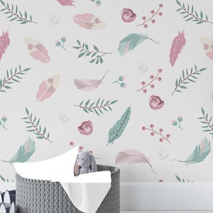 Boho Wallpaper, Green Twigs with Pink Feathers, Removable Wallpaper, Peel and Stick Wall Art, Nature Wallpaper, Wall Hanging Decor #1568