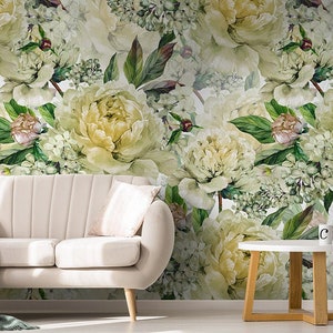 White Peony Wallpaper | Self Adhesive Wallpaper, Removable Wallpaper, Temporary Wallpaper, Peel and Stick Wallpaper #258