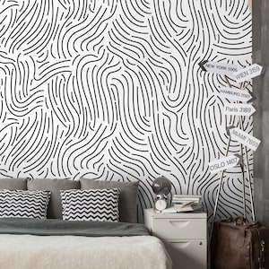 Black Curved Lines Wallpaper | Self Adhesive Wallpaper, Removable Wallpaper,  Temporary Wallpaper, Peel and Stick Wallpaper #198