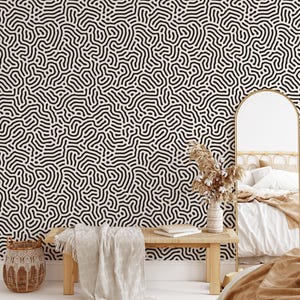Abstract shapes wallpaper, black and white retro lines wall art, vintage japandi style wallpaper home decor, removable peel and stick #688 image 4