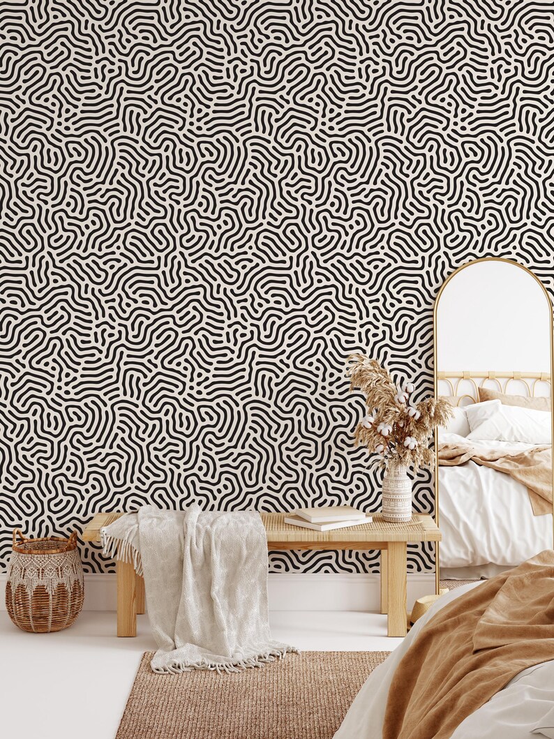 Abstract shapes wallpaper, black and white retro lines wall art, vintage japandi style wallpaper home decor, removable peel and stick #688 image 4
