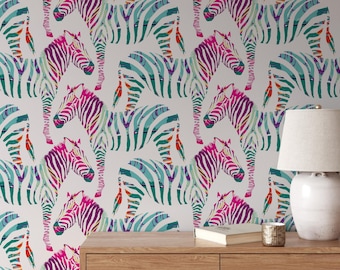 Colorful zebra wallpaper, mini zebras peel and stick or non pasted wallpaper, animal wall art, bathroom wallpaper #90