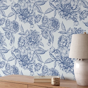 Blue Bouquet Wallpaper, Rural Vintage Flowers Blue and White Bathroom Wallpaper, Vintage Peel and Stick Floral Wall Art #1872
