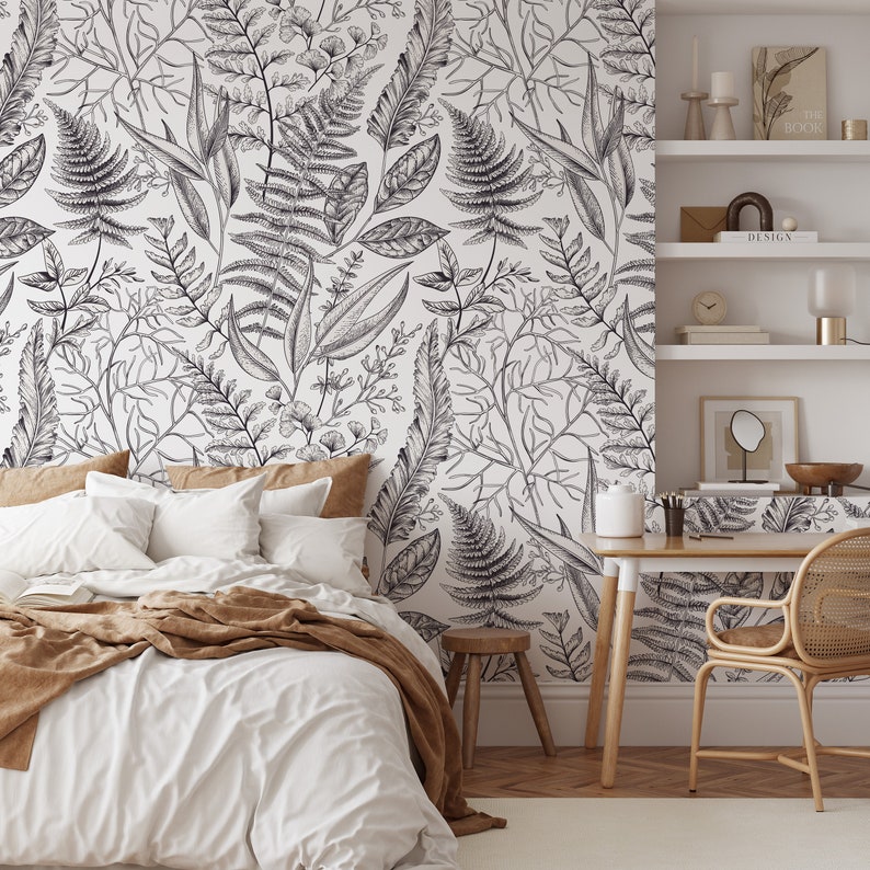 Wallpaper Black and White Botanical Wall Art, Monochrome Wall Art, Fern