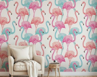 Watercolor flamingo wallpaper, pink and blue cute watercolor flamingos, peel and stick wallpaper, aesthetic wall art #93