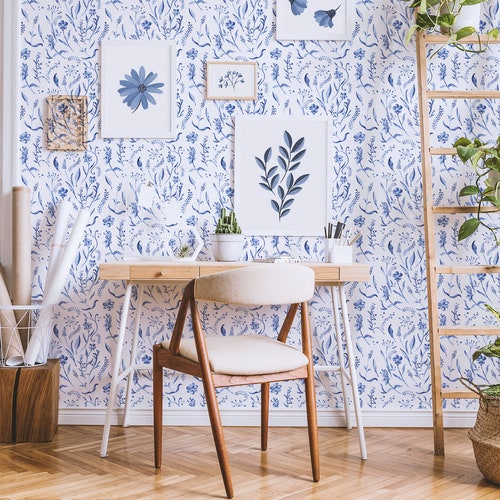 Blue Watercolor Flowers Wallpaper Self Adhesive Wallpaper - Etsy