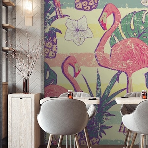 Flamingo Birds and Pineapples Wallpaper | Self Adhesive Wallpaper, Removable Wallpaper, Temporary Wallpaper, Peel and Stick Wallpaper #608