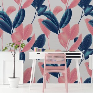 Blue and Pink Guava Leaf Wallpaper | Self Adhesive Wallpaper, Removable Wallpaper, Temporary Wallpaper, Peel and Stick Wallpaper #803